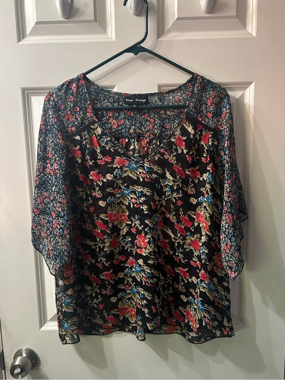 Mixed-Print Floral V-Neck Blouse in Black and Multi